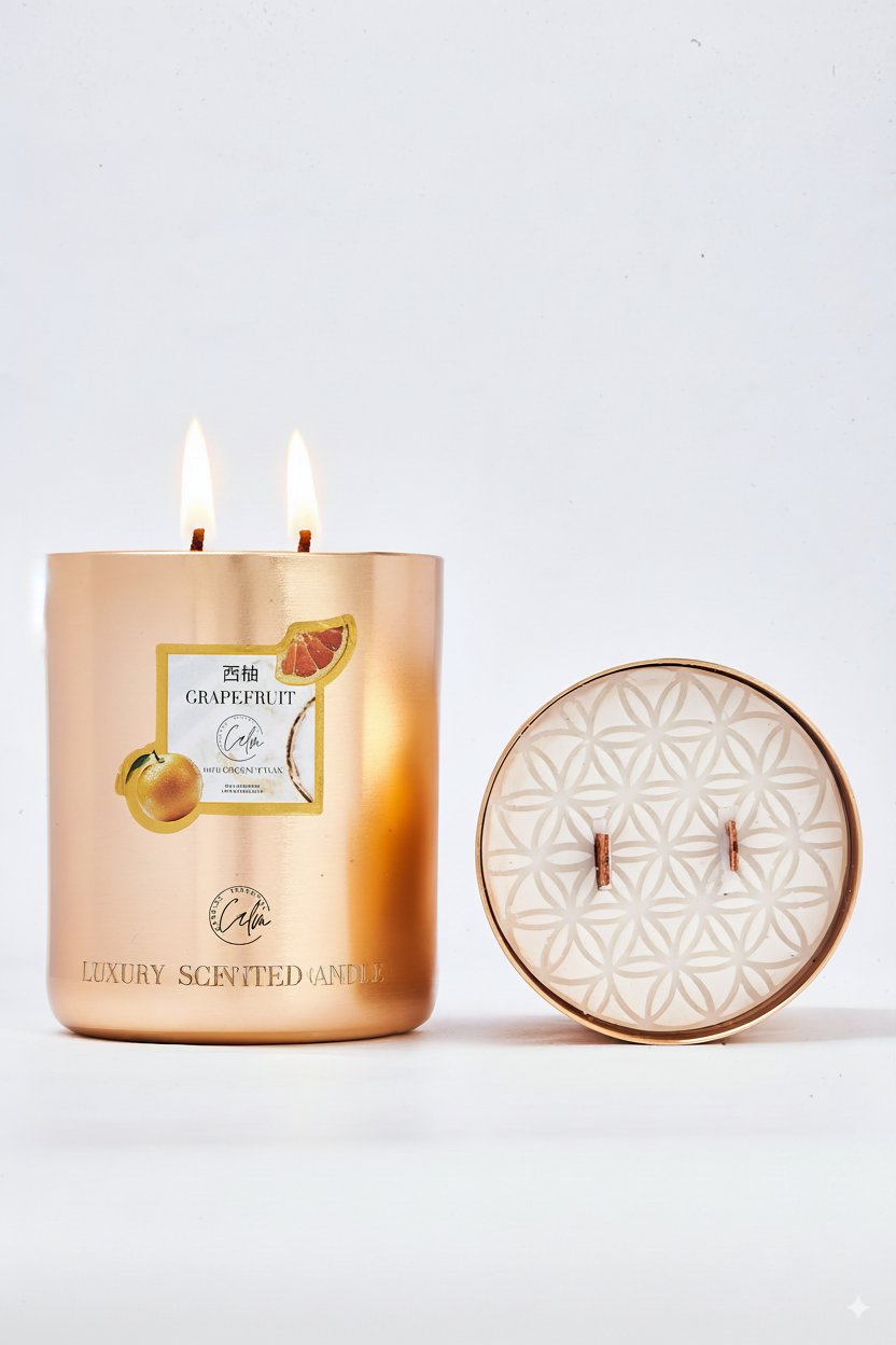 Grapefruit Gold Metal Kerzenkollektion | Hergestellt aus hochwertigem Kokoswachs & Kirschholzdocht Bis zu 60+ Stunden Brenndauer - Calm Candles Essential