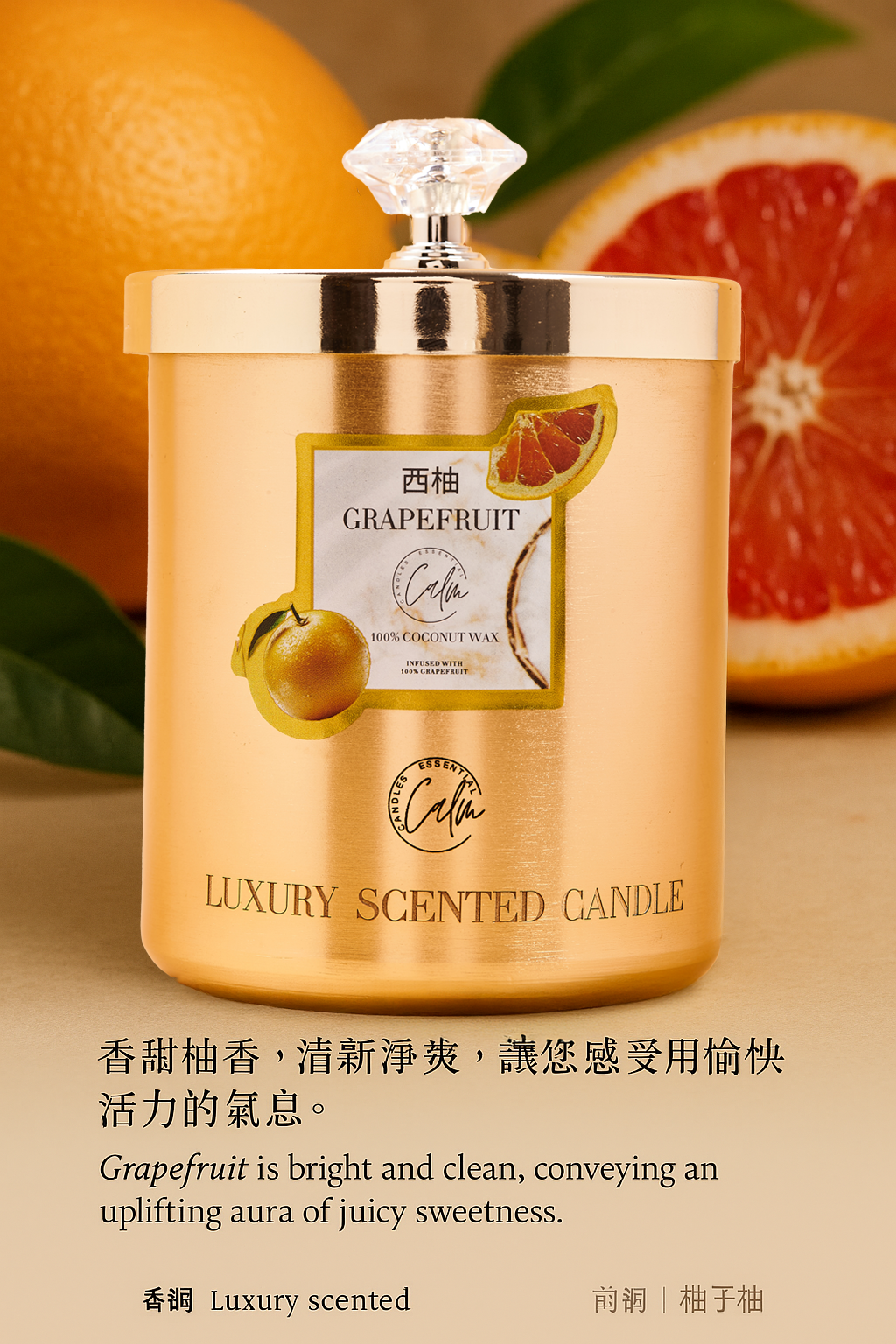 Grapefruit Gold Metal Kerzenkollektion | Hergestellt aus hochwertigem Kokoswachs & Kirschholzdocht Bis zu 60+ Stunden Brenndauer - Calm Candles Essential