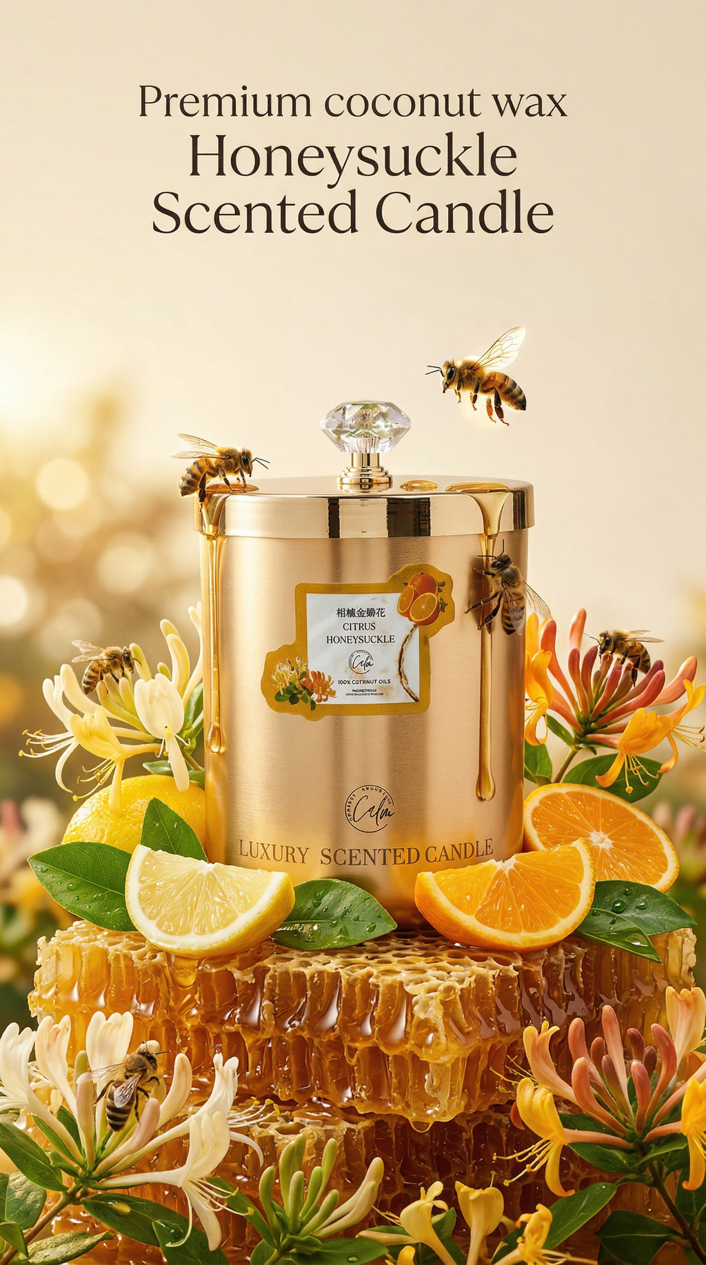 Zitrus & Geißblatt Gold Metall Kerzenkollektion | Hergestellt aus hochwertigem Kokoswachs & Kirschholzdocht bis zu 60+ Stunden Brenndauer - Calm Candles Essential