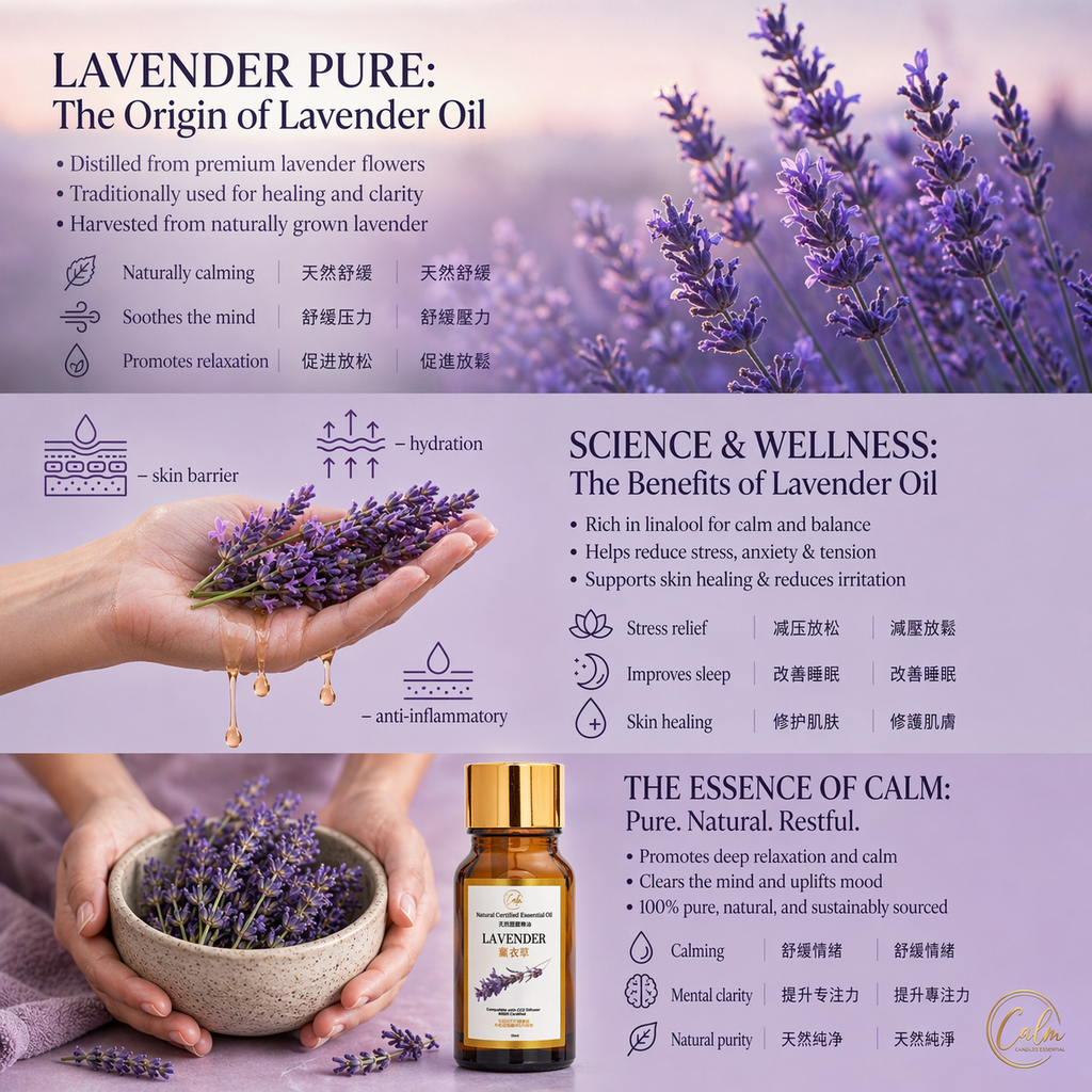 Calm Candles Essential - Organic IFRA Certified Lavender Essential Oil - 100% Pure Natural for Aromatherapy Diffuser for Diffuser, Aromatherapy, Hair Care, Skin Care, Sleep. (10mL)