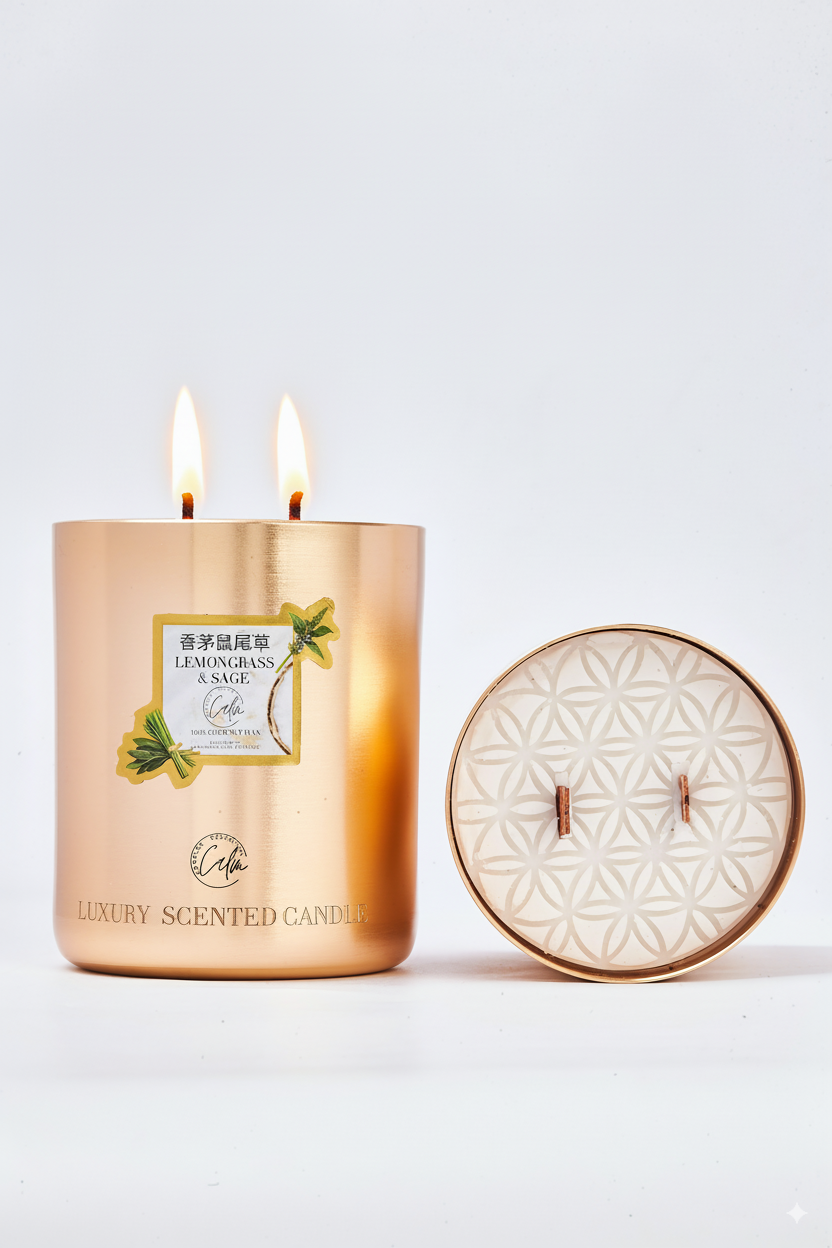 Gold candle with a decorative lid on a white background