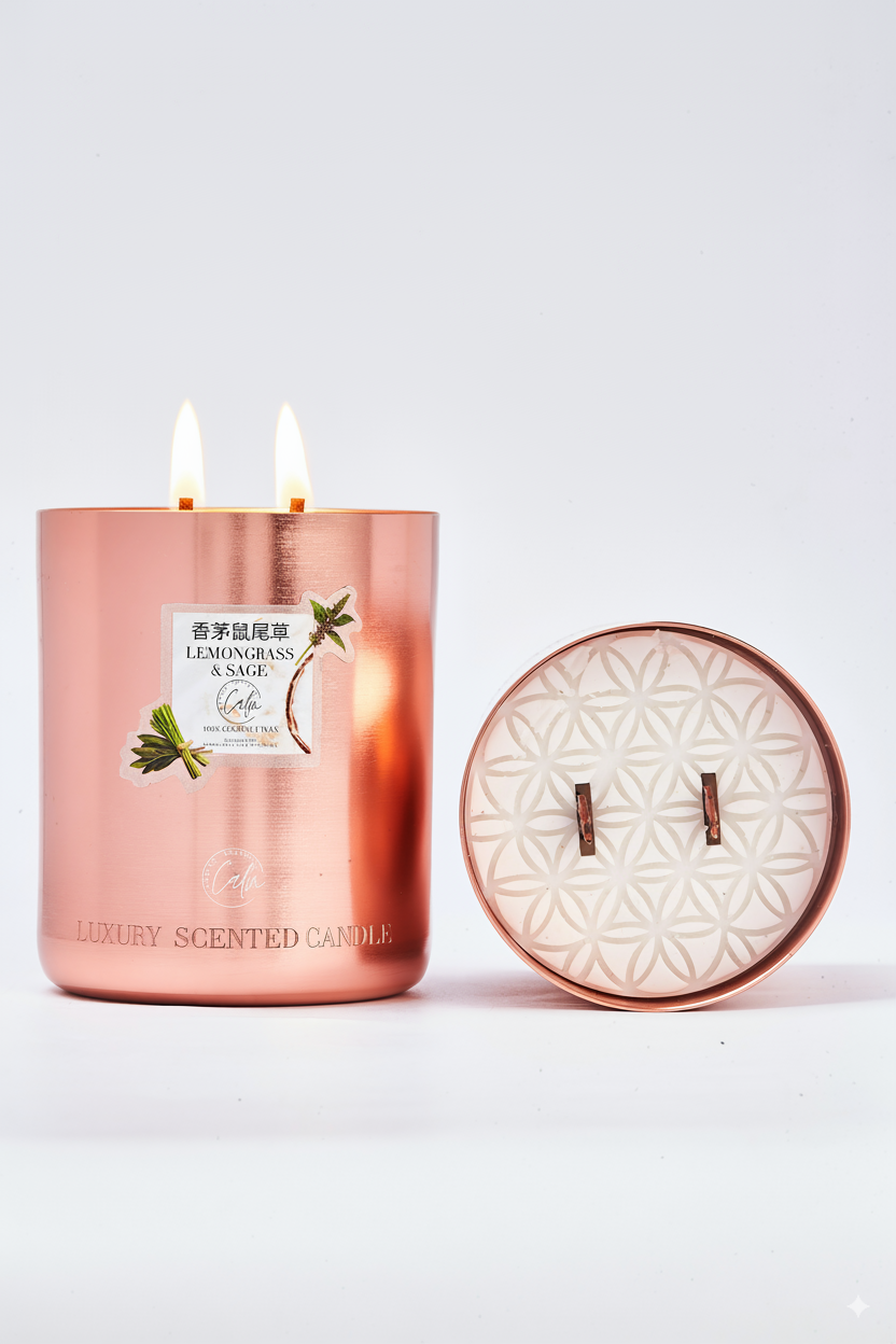 Zitronengras & Salbei Roségold Metallkerzen-Kollektion | Hergestellt mit hochwertigem Kokosnusswachs & Kirschholzdocht bis zu 60+ Stunden Brenndauer - Calm Candles Essential