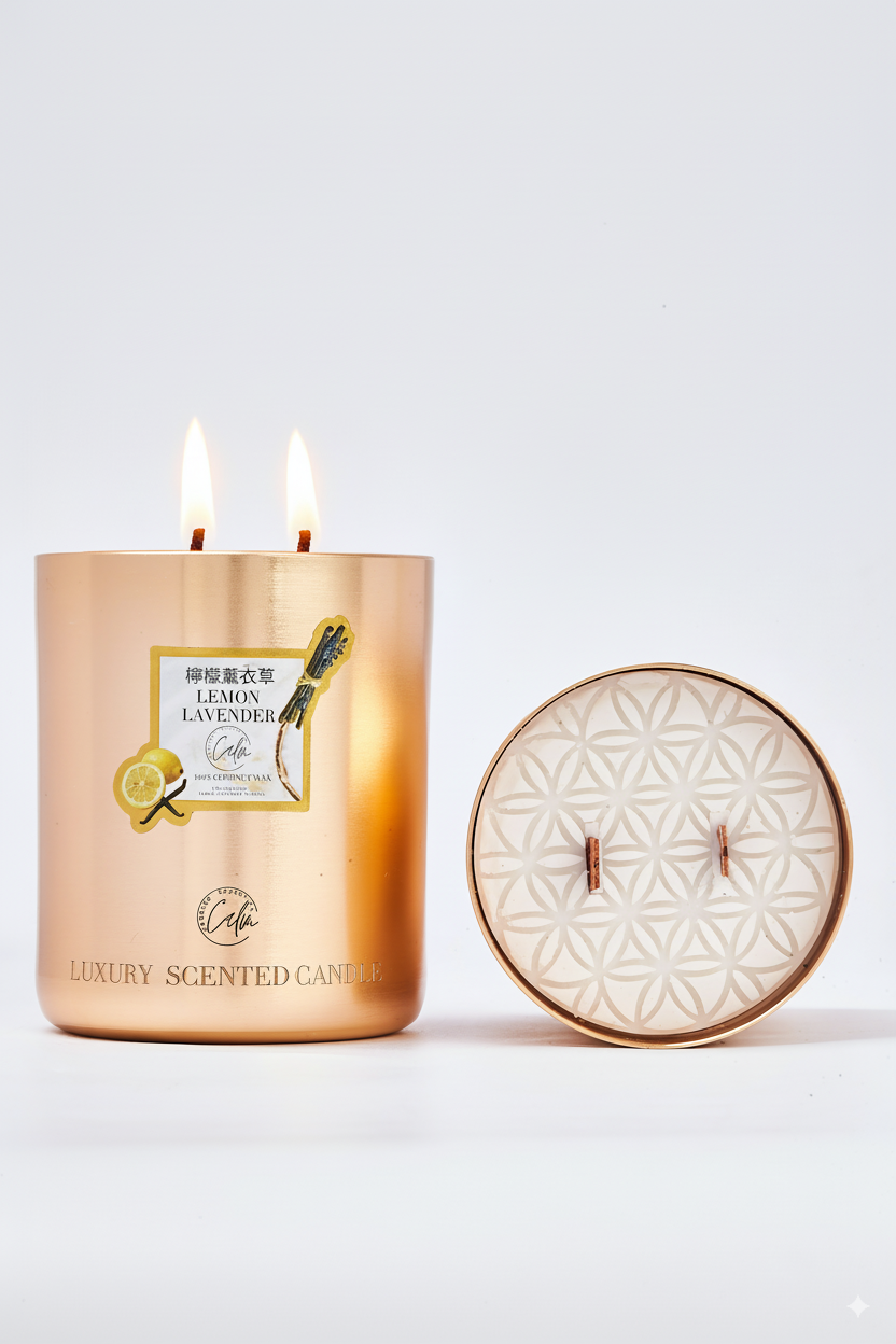 Zitronen- und Lavendelkerzenkollektion aus Goldmetall | Hergestellt aus hochwertigem Kokoswachs und Kirschholzdocht bis zu 60+ Stunden Brenndauer - Calm Candles Essential