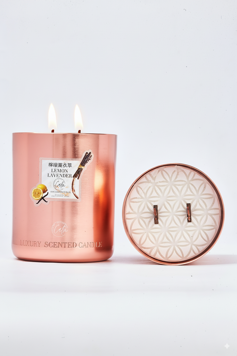 Zitronen- und Lavendel-Roségold-Metallkerzenkollektion | Hergestellt aus hochwertigem Kokosnusswachs und Kirschholzdocht für bis zu 60+ Stunden Brenndauer – Calm Candles Essential