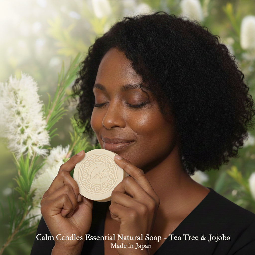 Calm Candles Essential Tea Tree & Jojoba Cold-Pressed Soap, 150 g, Solid Face & Body Bar, Clarifying + Moisture-Balancing, With Tea Tree Leaf Oils, Jojoba Seed Oil, Coconut Oil & Palm Oil Extracts, Made in Japan