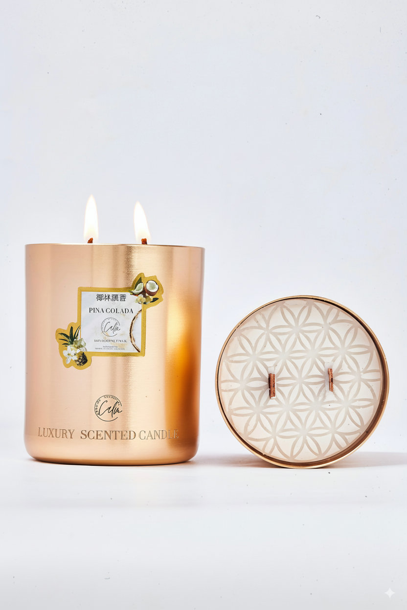 Piña Colada Gold Metall Kerzen-Kollektion | Hergestellt mit Premium-Kokoswachs & Kirschholzdocht bis zu 60+ Stunden Brenndauer – Calm Candles Essential