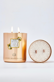 Piña Colada Gold Metall Kerzen-Kollektion | Hergestellt mit Premium-Kokoswachs & Kirschholzdocht bis zu 60+ Stunden Brenndauer – Calm Candles Essential