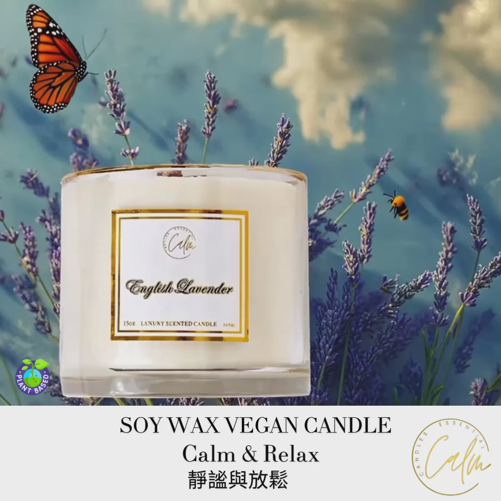 Calm Candles Essential - English Lavender Wooden Wicks Candle, Infused with Sage, Lavender, Fougère and Amber Essential Oil, for relaxing and calming effect Luxury Scented Soy Wax Jar Candle | Hand Poured | Highly Scented Long Lasting (15oz/445ml- XLarge)