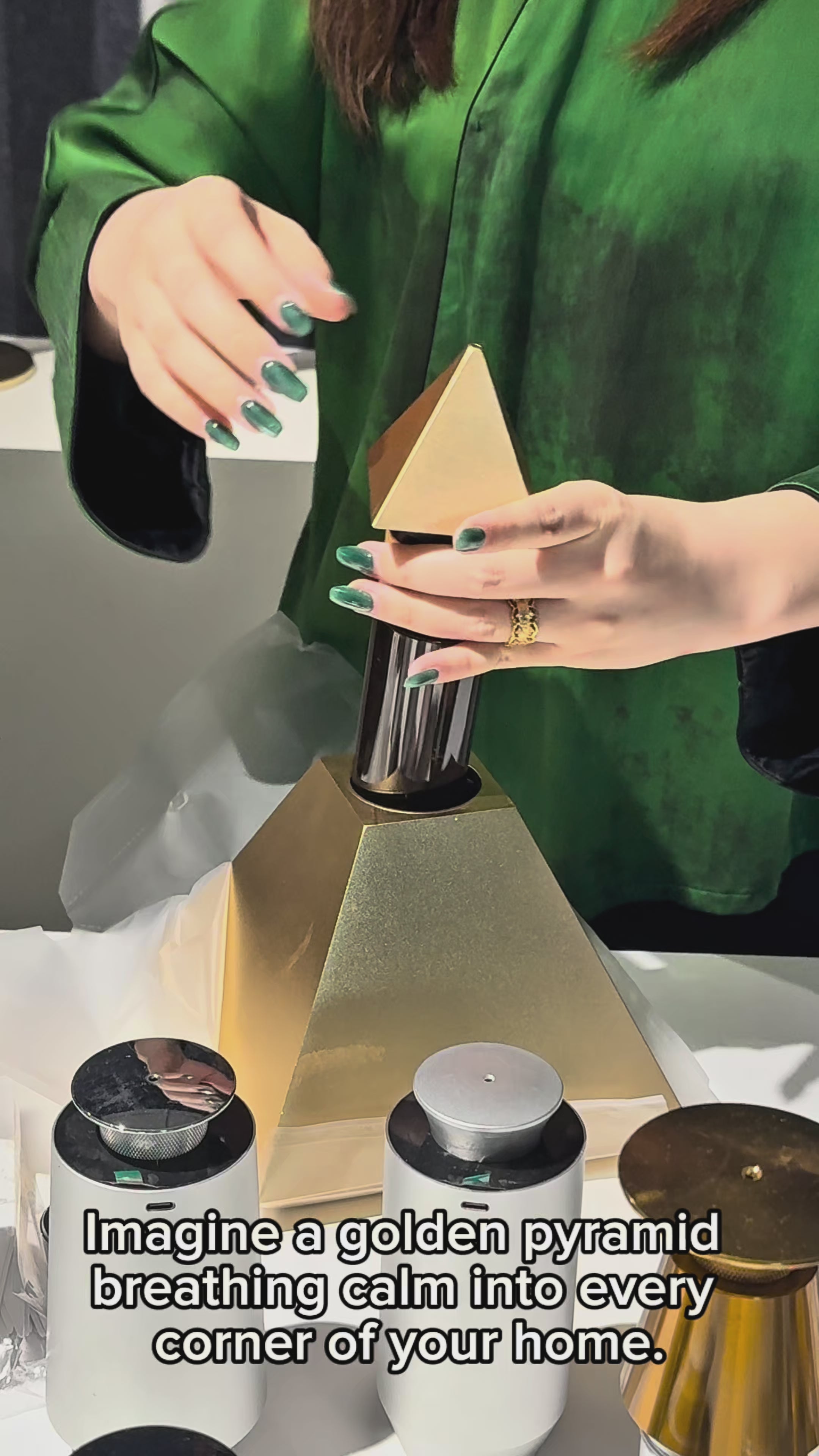 Gold Matte Ultrasonic Pyramid Aroma Waterless Cordless Diffuser – App-Controlled LED & Free 150 ml Oil (Type-C)