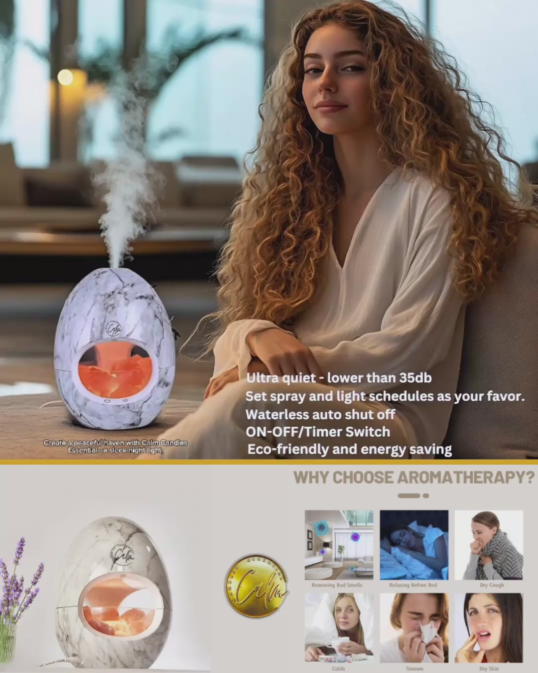Calm Candles Essential - 3-in-1 Oil Night Light Diffuser Ionic 100% Pure Himalayan Rock Therapy Rock Lamp 250ml water capacity Auto-Off with for Home Living Room Bedroom