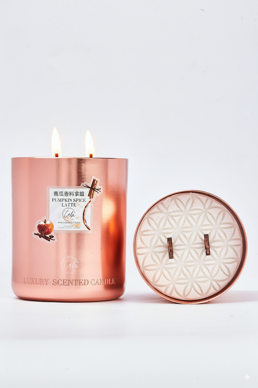 Pumpkin Spice Latte Rose Gold Metall Kerzenkollektion | Hergestellt aus hochwertigem Kokosnusswachs und Kirschholzdocht Bis zu 60+ Stunden Brenndauer - Calm Candles Essential