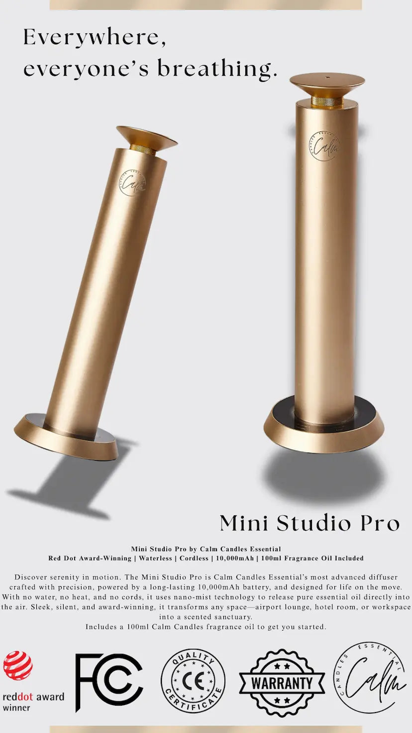 Calm Candles Essential Aroma Diffuser Mini Studio Pro: Red Dot Award-Winning Waterless Air Cordless Diffuser with Free 100ml Fragrance Oil - Type C (10,000 mah)