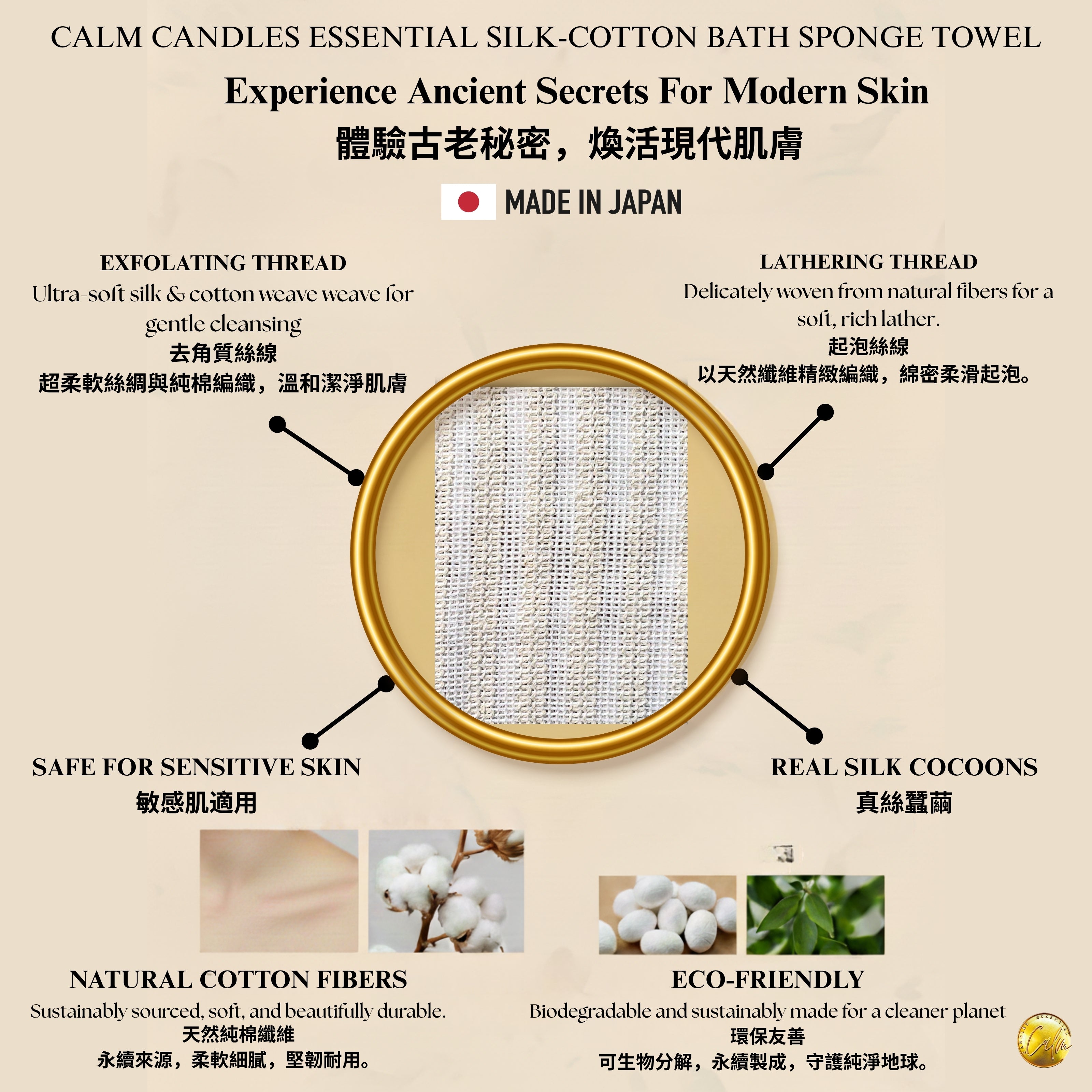 Weiche Naturbaumwolle & Seide – Calm Candles Essential Peeling-Reinigungstuch | 70 % Baumwolle, 30 % Seide | Wellness-weicher Luxus für alle Hauttypen | Ethisch hergestellt in Japan