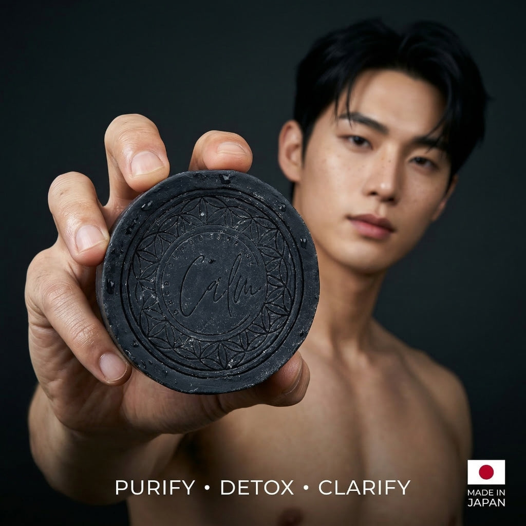 Calm Candles Essential Black Charcoal, Peppermint & Lemon Face + Body Soap – 150g | Made in Japan | Botanical Cleansing Bar with Charcoal, Peppermint & Lemon Peel