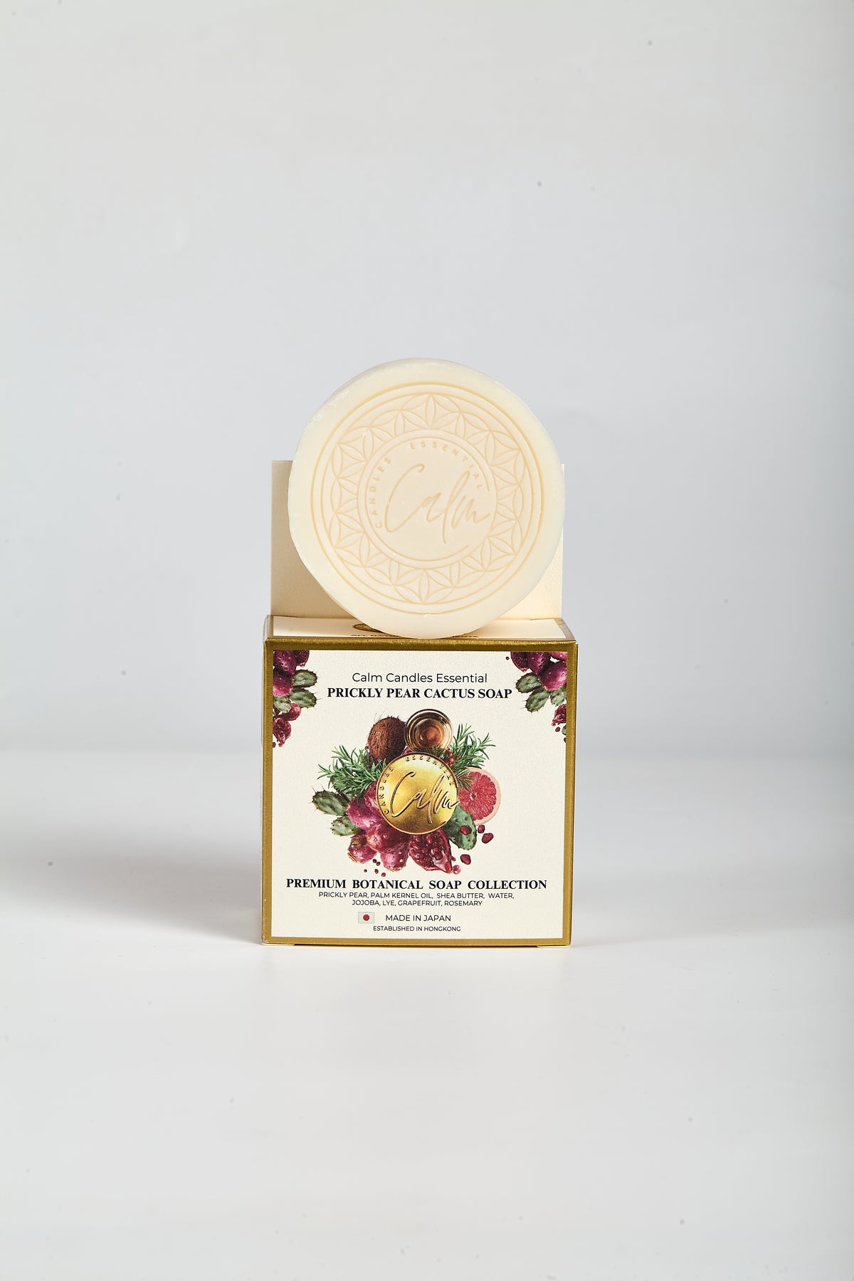 Calm Candles Essential Prickly Pear Cactus Cold-Pressed Soap, 150 g, Solid Face & Body Bar, Refreshing + Moisture-Nourishing, With Prickly Pear, Shea Butter, Jojoba Oil, Grapefruit & Rosemary, Made in Japan