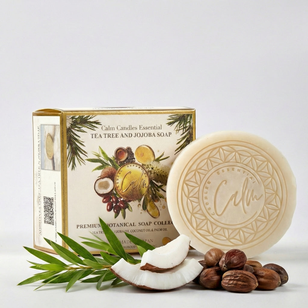 Calm Candles Essential Tea Tree & Jojoba Face + Body Soap – 150g | Made in Japan | Botanical Cleansing Bar with Tea Tree, Jojoba, Coconut & Palm Oils