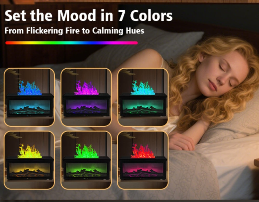 Fireplace Ultrasonic Aroma Diffuser – 3 Free Essential Oils | 7-Color Flame Light, Remote Control, and Auto-Off Timer for Home, Bedroom, or Yoga Studio (Black)