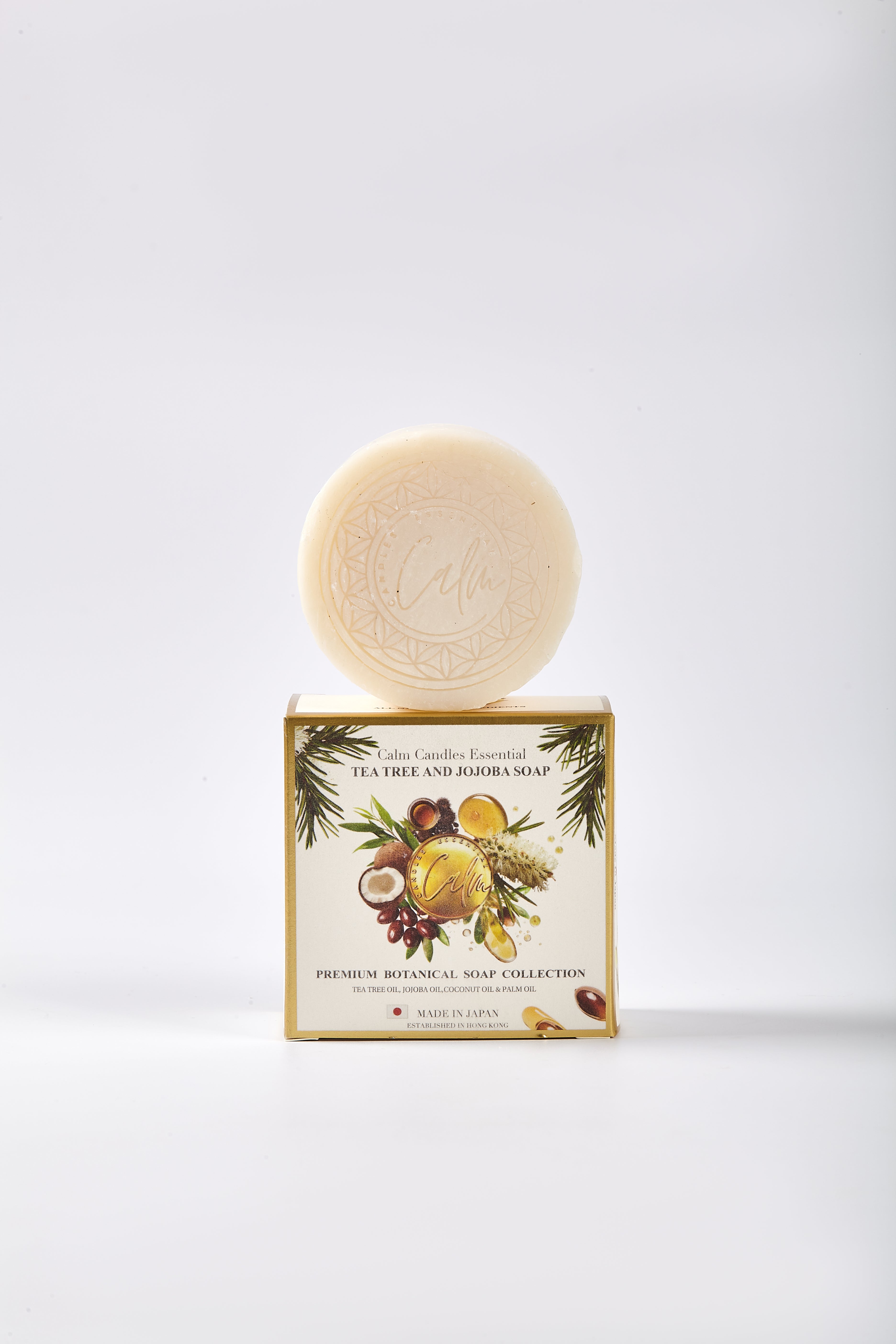 Calm Candles Essential Tea Tree & Jojoba Face + Body Soap – 150g | Made in Japan | Botanical Cleansing Bar with Tea Tree, Jojoba, Coconut & Palm Oils