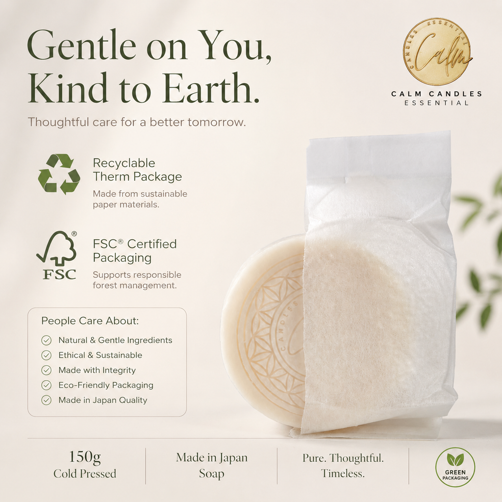 Calm Candles soap bar in packaging with sustainability features and branding.