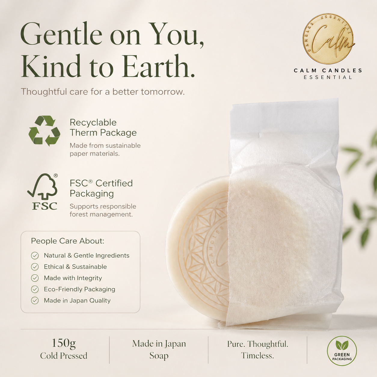 Calm Candles soap bar in packaging with sustainability features and branding.