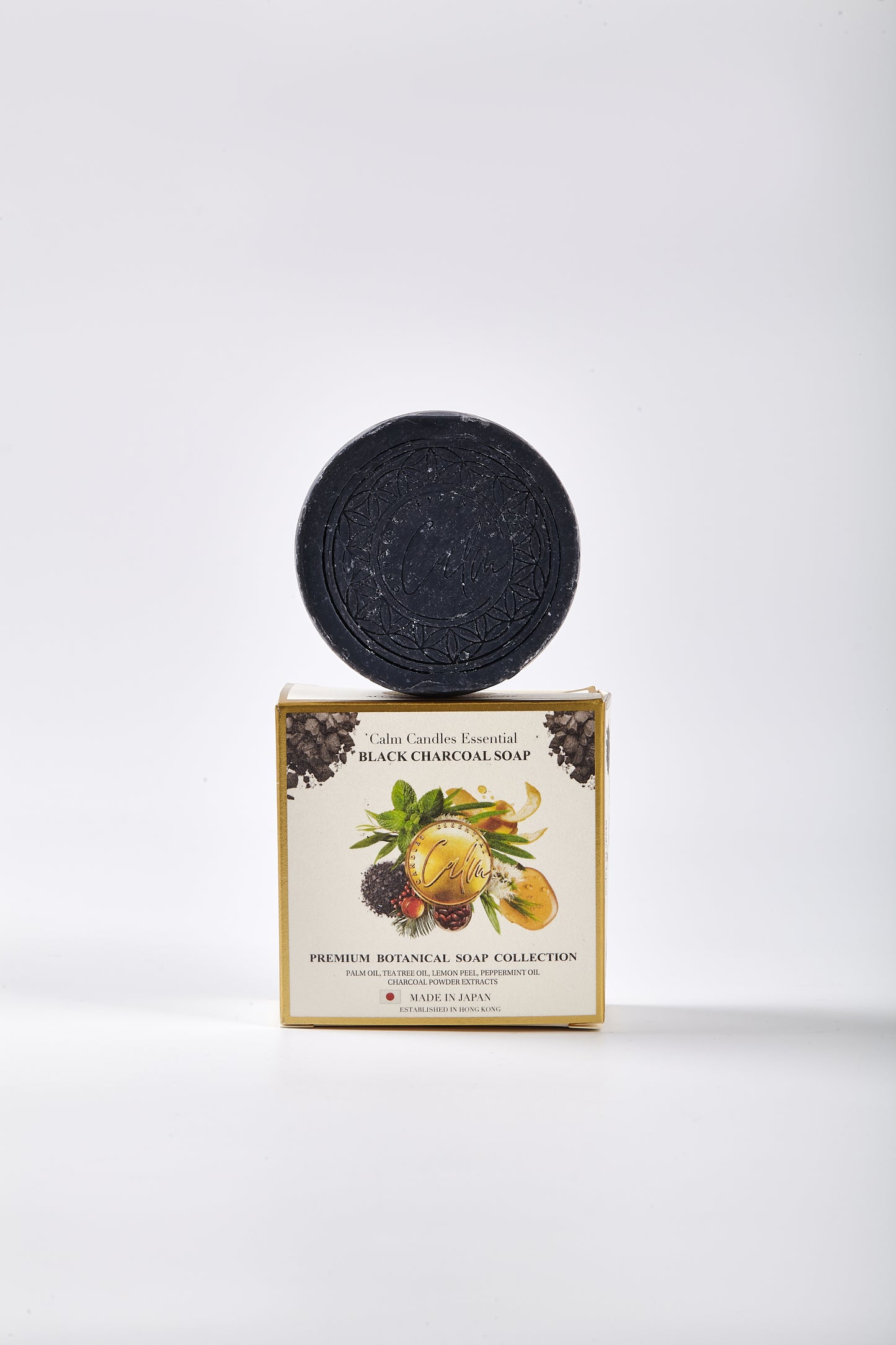 Calm Candles Essential Cold-Pressed Black Charcoal Peppermint Lemon Peel Soap, 150 g, Solid Bar Cleanser, Deep Cleansing & Deodorizing, Refreshing Mint Citrus, Made in Japan