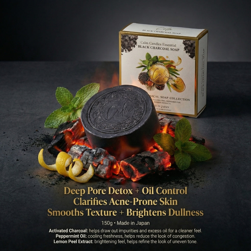 Calm Candles Essential Cold-Pressed Black Charcoal Peppermint Lemon Peel Soap, 150 g, Solid Bar Cleanser, Deep Cleansing & Deodorizing, Refreshing Mint Citrus, Made in Japan