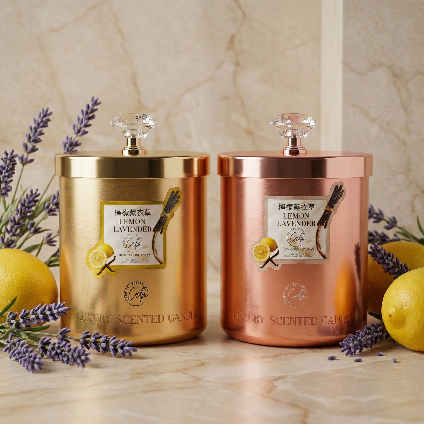 Calm Candles Essential – Lemon & Lavender Metal Gold Velvet Collection | Made with Premium Coconut Wax & Cherry Wooden Wick