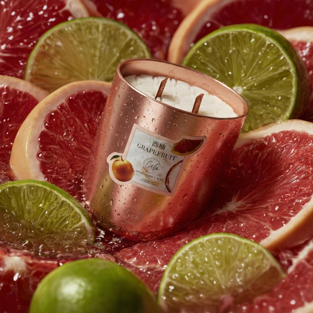 Grapefruit Roségold-Metall-Kerzenkollektion | Hergestellt aus Premium-Kokosnusswachs & Kirschholzdocht Bis zu 60+ Stunden Brenndauer - Calm Candles Essential