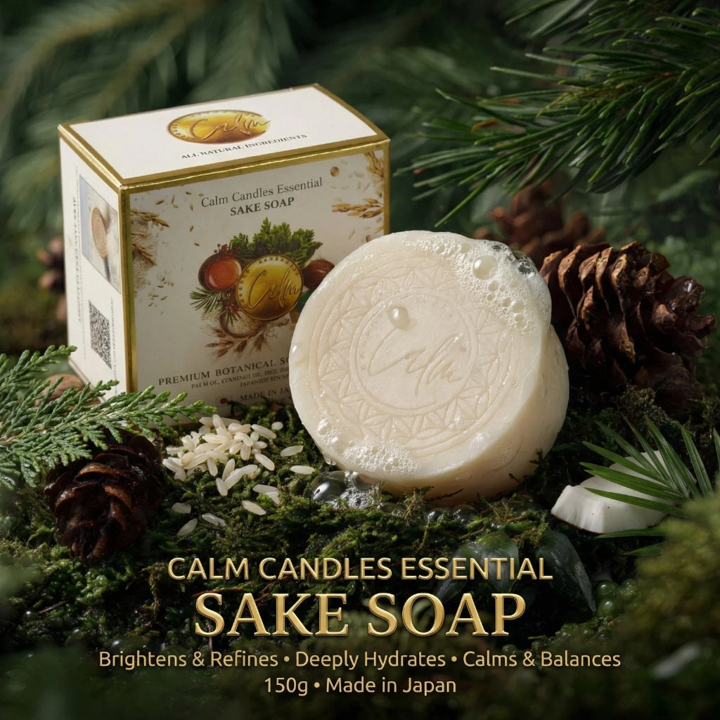 Calm Candles Essential Japanese Sake (Rice Ferment) Soap Bar, 150 g, Solid Face & Body Cleanser, With Rice Ferment Filtrate and Hinoki (Chamaecyparis Obtusa), Coconut Oil & Palm Oil Base, Made in Japan