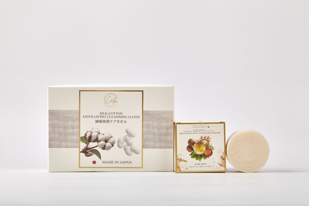 Calm Candles Seiden-Baumwoll-Peelingtuch & erlesene Naturseifen-Kollektion mit ätherischen Ölen | Hergestellt in Japan