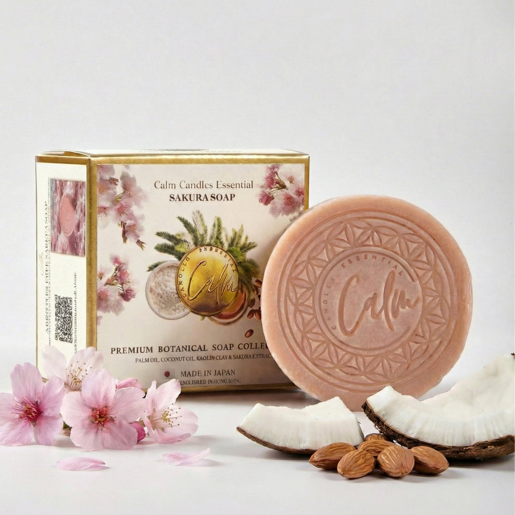 Calm Sakura soap with packaging, coconuts, almonds, and pink flowers on a light background