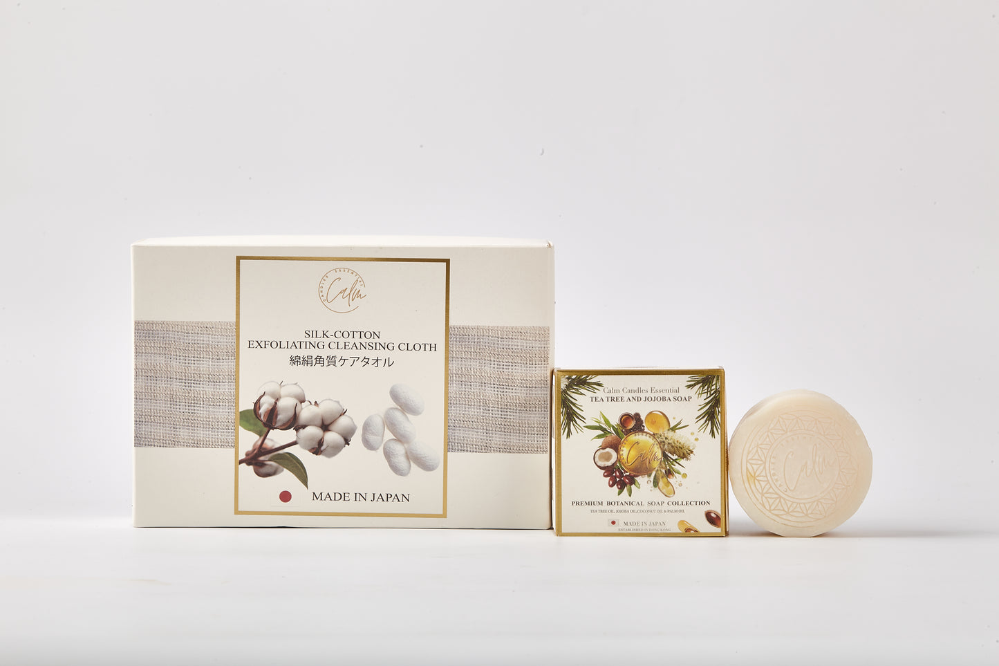 Calm Candles Essential Silk‑Cotton Exfoliating Cloth & Premier Natural Essential Oil Soap Collection | Made In Japan