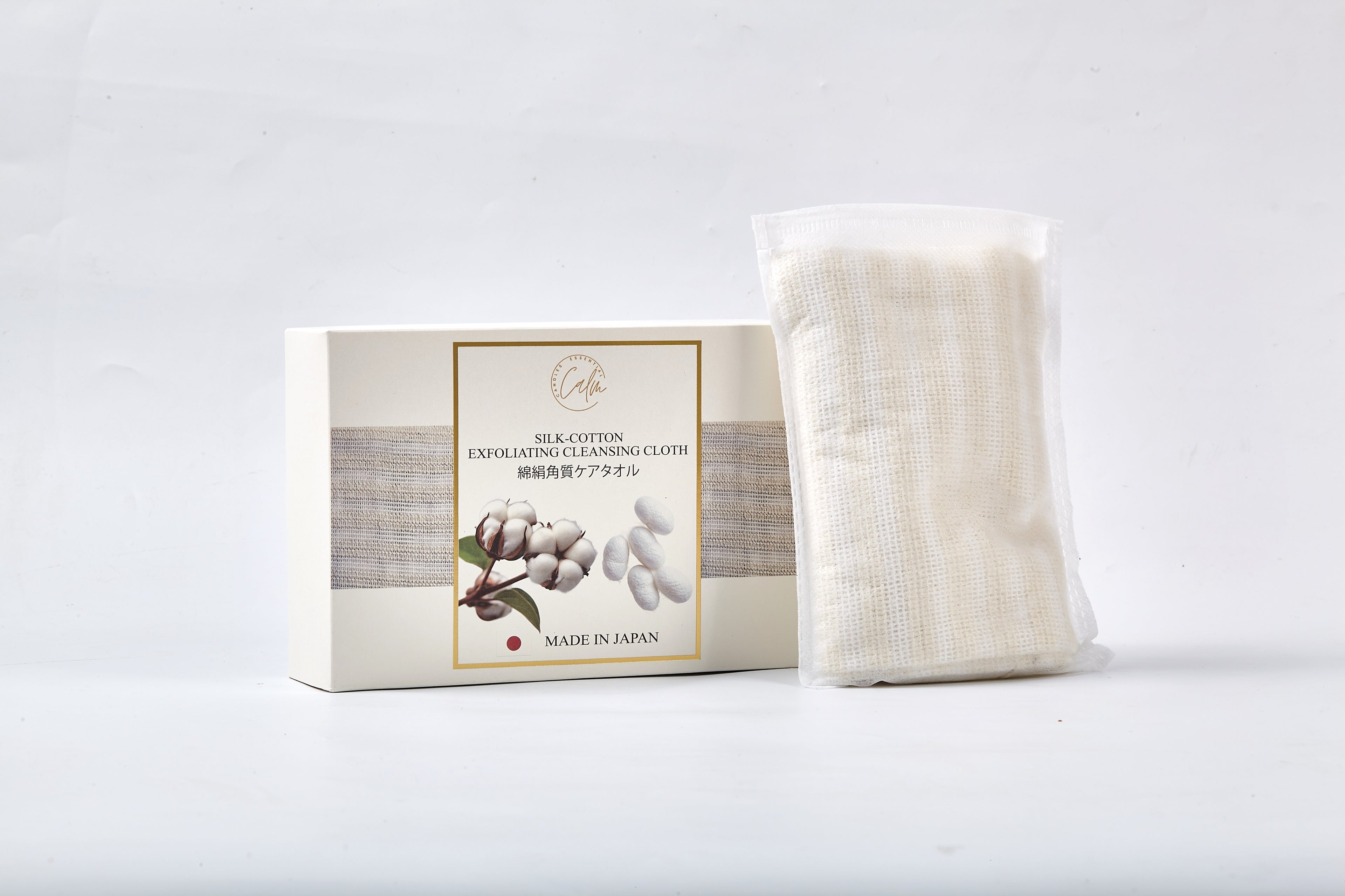 Weiche Naturbaumwolle & Seide – Calm Candles Essential Peeling-Reinigungstuch | 70 % Baumwolle, 30 % Seide | Wellness-weicher Luxus für alle Hauttypen | Ethisch hergestellt in Japan