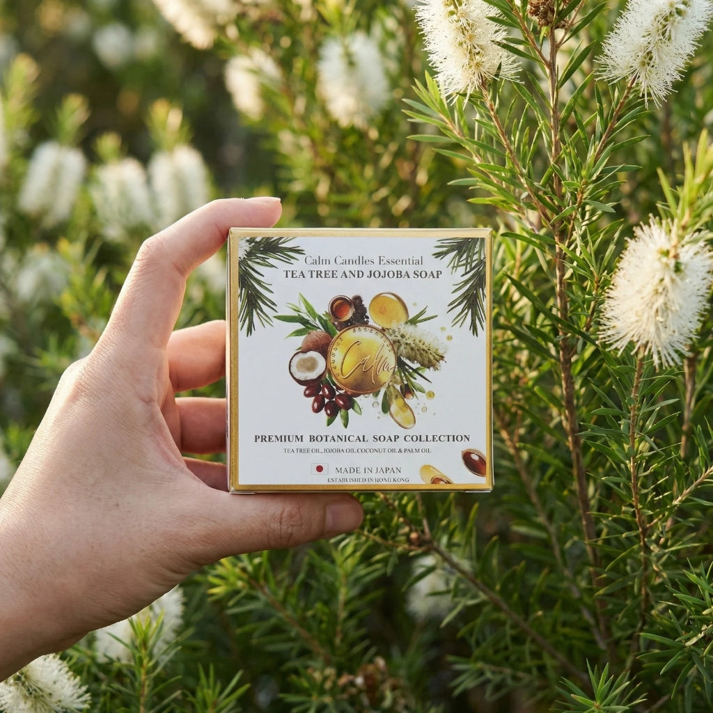 Calm Candles Essential Tea Tree & Jojoba Face + Body Soap – 150g | Made in Japan | Botanical Cleansing Bar with Tea Tree, Jojoba, Coconut & Palm Oils