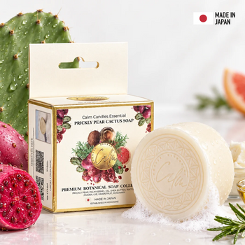 Calm Candles Essential Prickly Pear Cactus Cold-Pressed Soap, 150 g, Solid Face & Body Bar, Refreshing + Moisture-Nourishing, With Prickly Pear, Shea Butter, Jojoba Oil, Grapefruit & Rosemary, Made in Japan