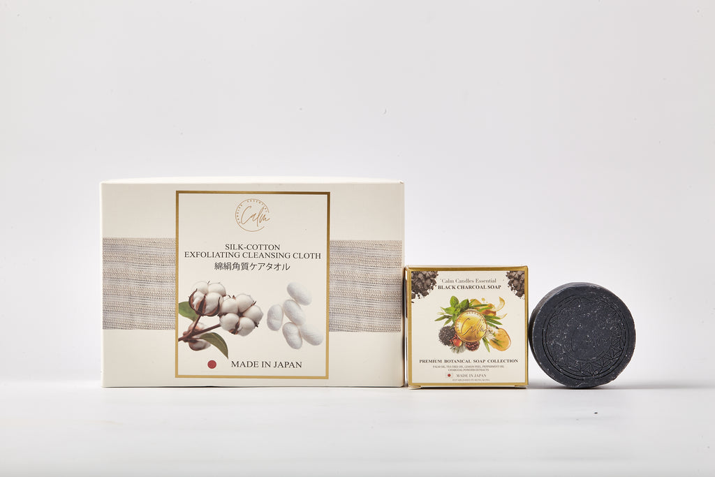 Calm Candles Seiden-Baumwoll-Peelingtuch & erlesene Naturseifen-Kollektion mit ätherischen Ölen | Hergestellt in Japan