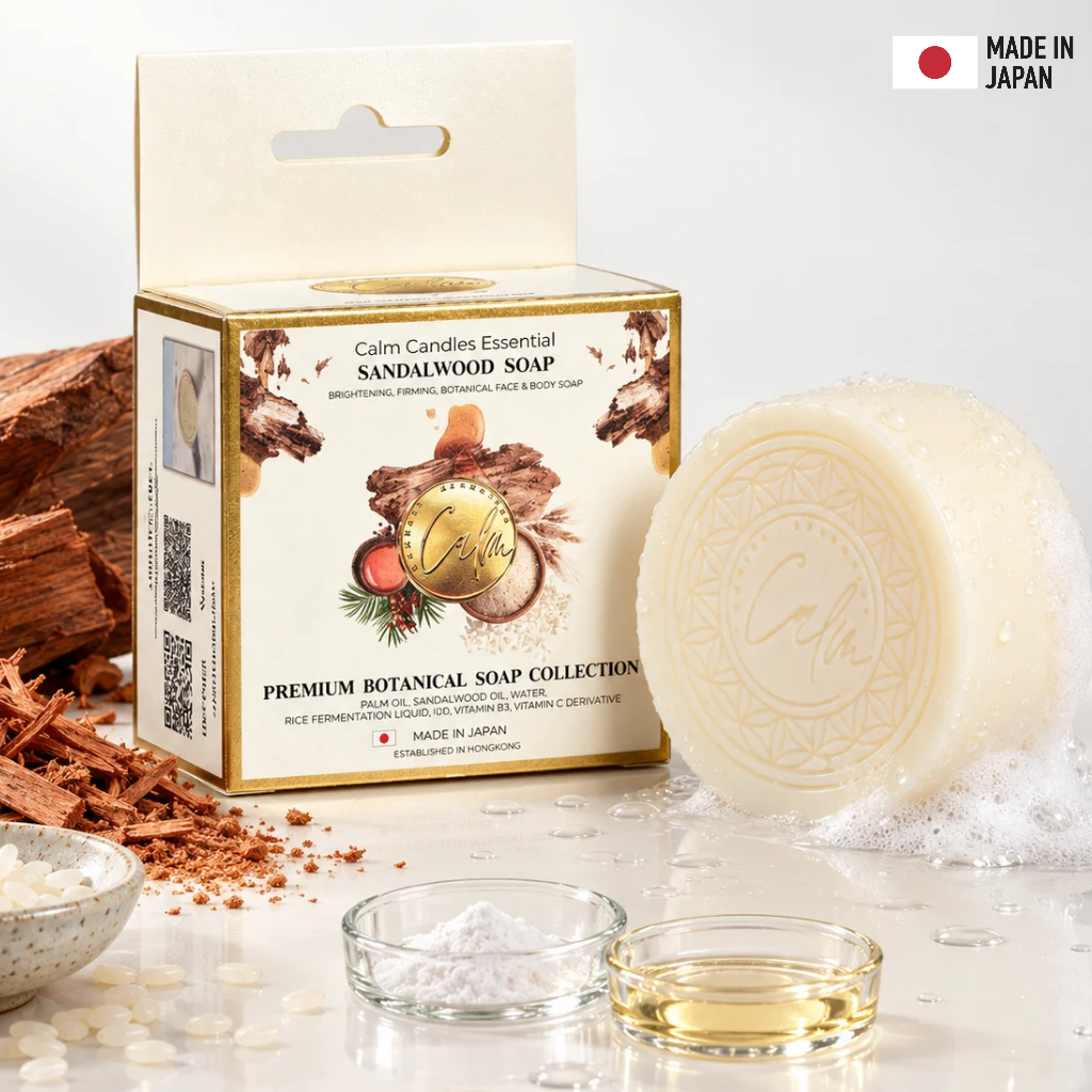 Calm Candles Essential Sandalwood Brightening Face & Body Soap — 150g | Vitamin B3 + Vitamin C Derivative | Made in Japan