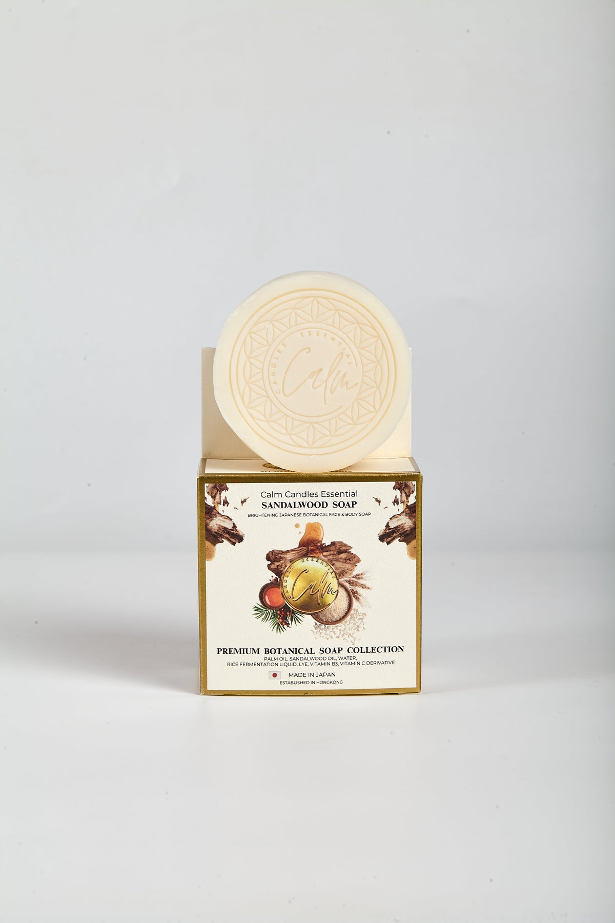 Calm Candles Essential Sandalwood Brightening Face & Body Soap — 150g | Vitamin B3 + Vitamin C Derivative | Made in Japan