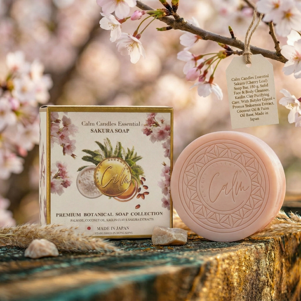 Calm Candles Essential Sakura (Cherry Leaf) Soap Bar, 150 g, Solid Face & Body Cleanser, Kaolin Clay Purifying Care, With Butylene Glycol + Prunus Yedoensis Extract, Coconut Oil & Palm Oil Base, Made in Japan