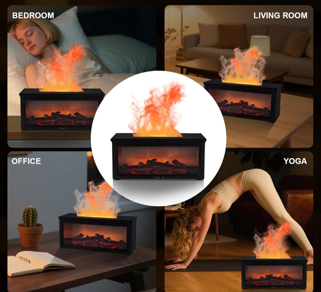 Fireplace Ultrasonic Aroma Diffuser – 3 Free Essential Oils | 7-Color Flame Light, Remote Control, and Auto-Off Timer for Home, Bedroom, or Yoga Studio (Black)