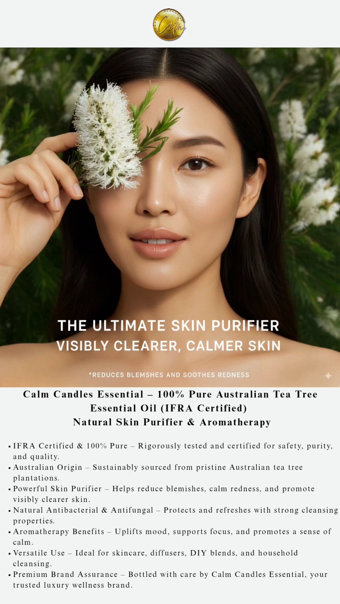 Calm Candles Essential – Teebaumöl (Melaleuca) 100 % rein, IFRA-zertifiziert biologisch, unverdünnt, natürliche Aromatherapie, therapeutische Qualität (10 ml)