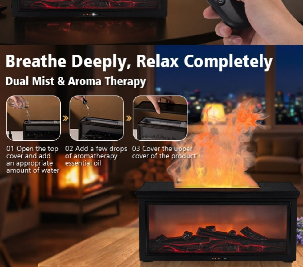 Fireplace Ultrasonic Aroma Diffuser – 3 Free Essential Oils | 7-Color Flame Light, Remote Control, and Auto-Off Timer for Home, Bedroom, or Yoga Studio (Black)