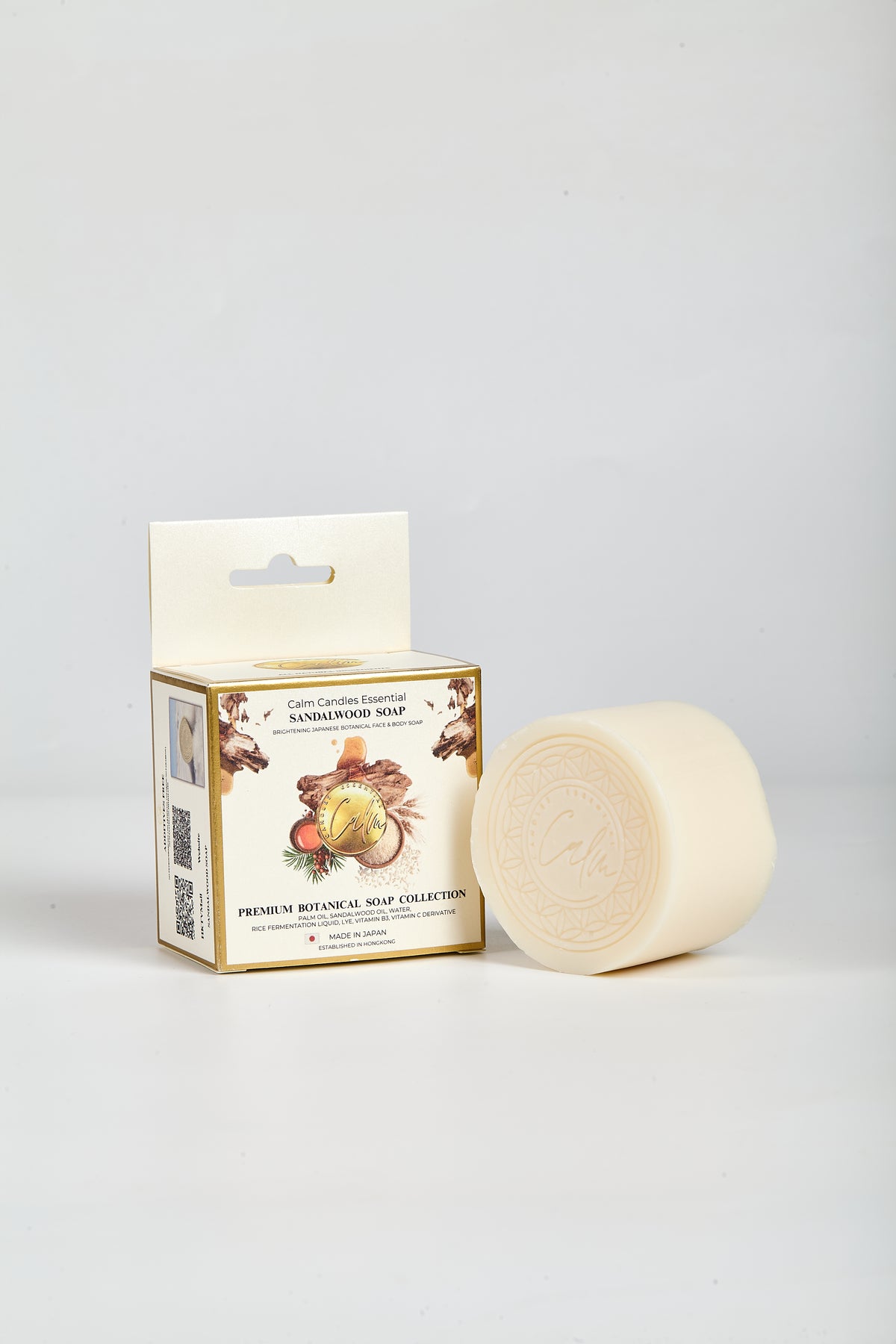 Calm Candles Essential Sandalwood Brightening Face & Body Soap — 150g | Vitamin B3 + Vitamin C Derivative | Made in Japan