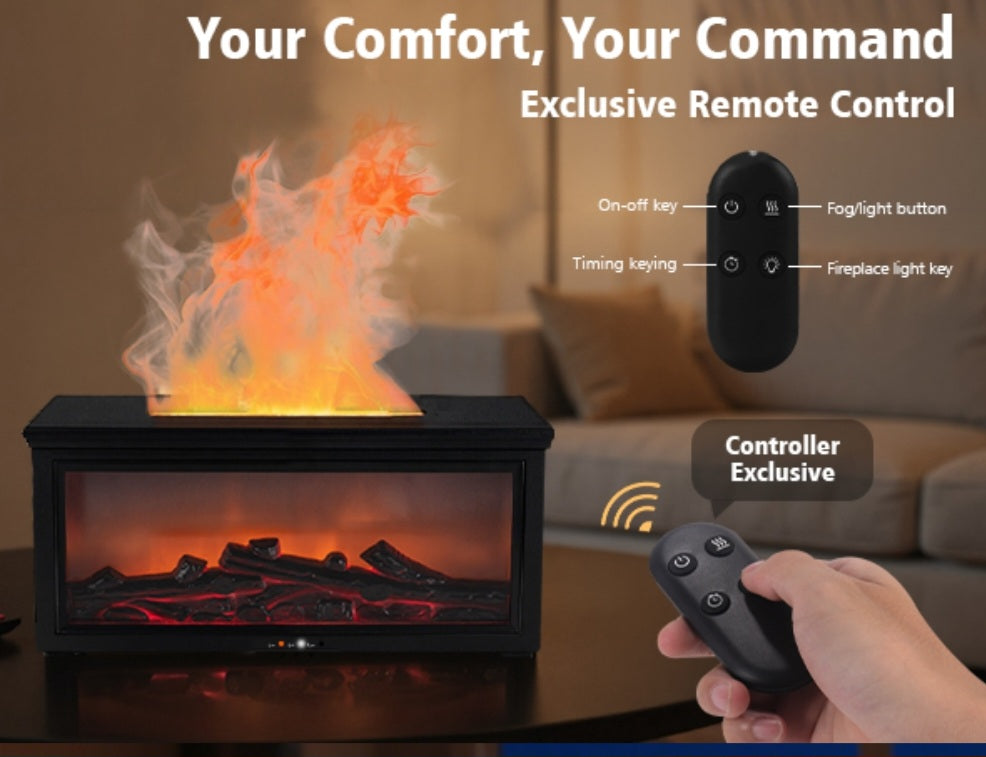 Fireplace Ultrasonic Aroma Diffuser – 3 Free Essential Oils | 7-Color Flame Light, Remote Control, and Auto-Off Timer for Home, Bedroom, or Yoga Studio (Black)