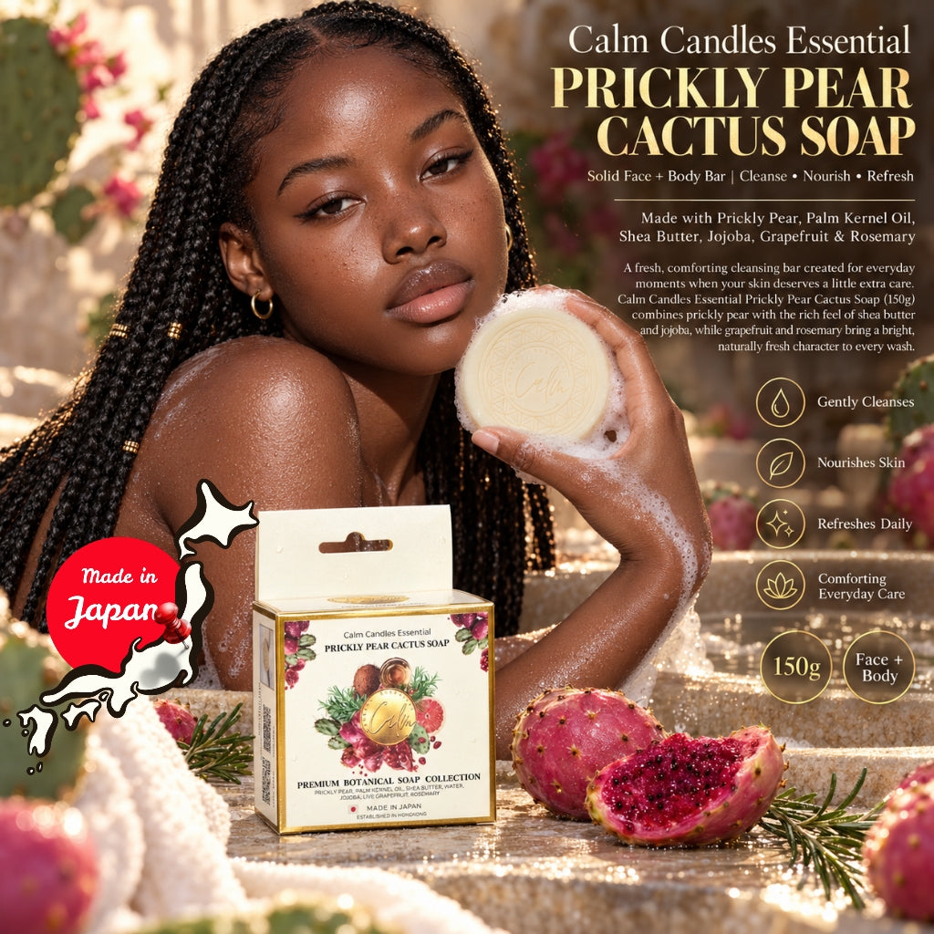 Calm Candles Essential Prickly Pear Cactus Cold-Pressed Soap, 150 g, Solid Face & Body Bar, Refreshing + Moisture-Nourishing, With Prickly Pear, Shea Butter, Jojoba Oil, Grapefruit & Rosemary, Made in Japan