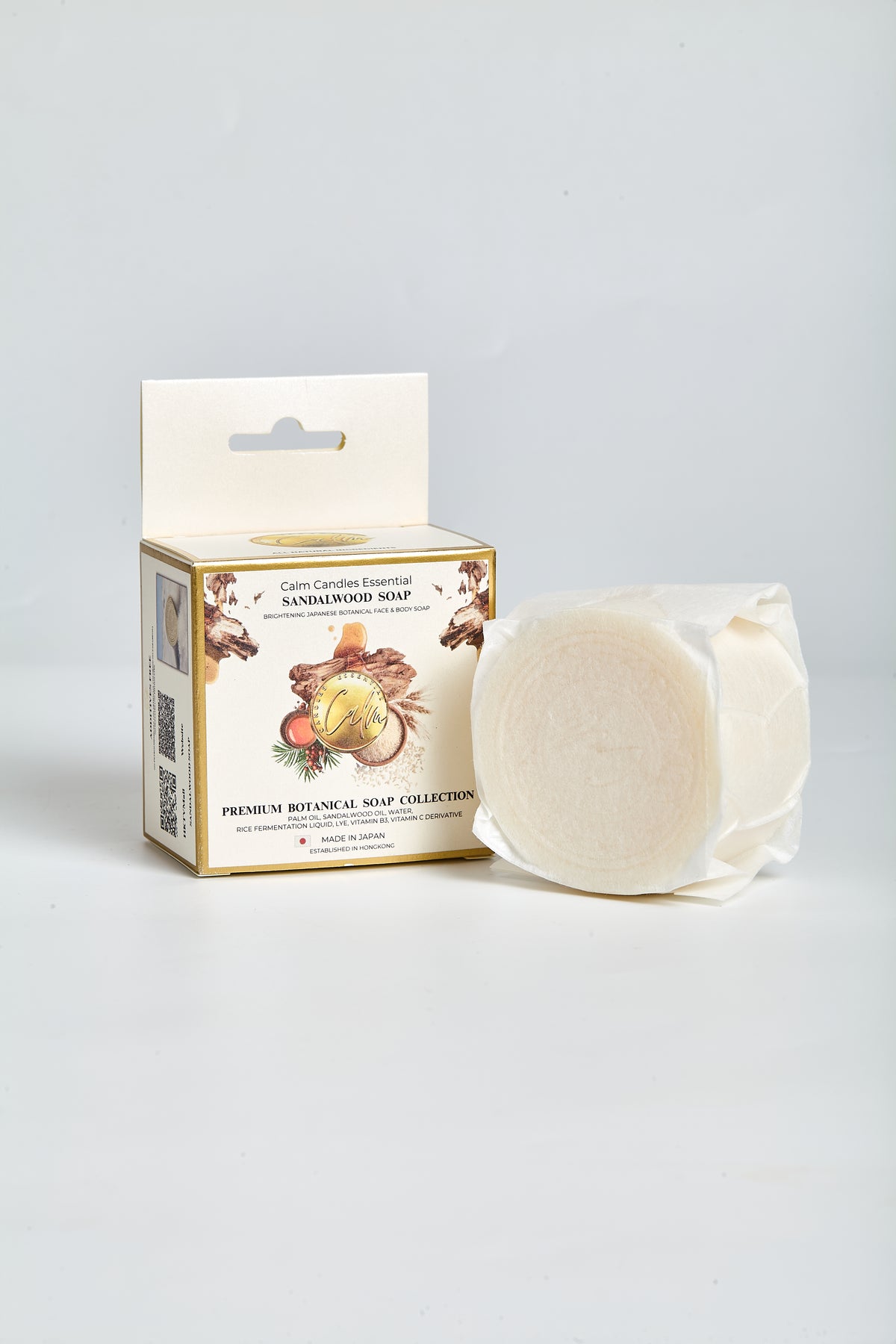 Calm Candles Essential Sandalwood Brightening Face & Body Soap — 150g | Vitamin B3 + Vitamin C Derivative | Made in Japan