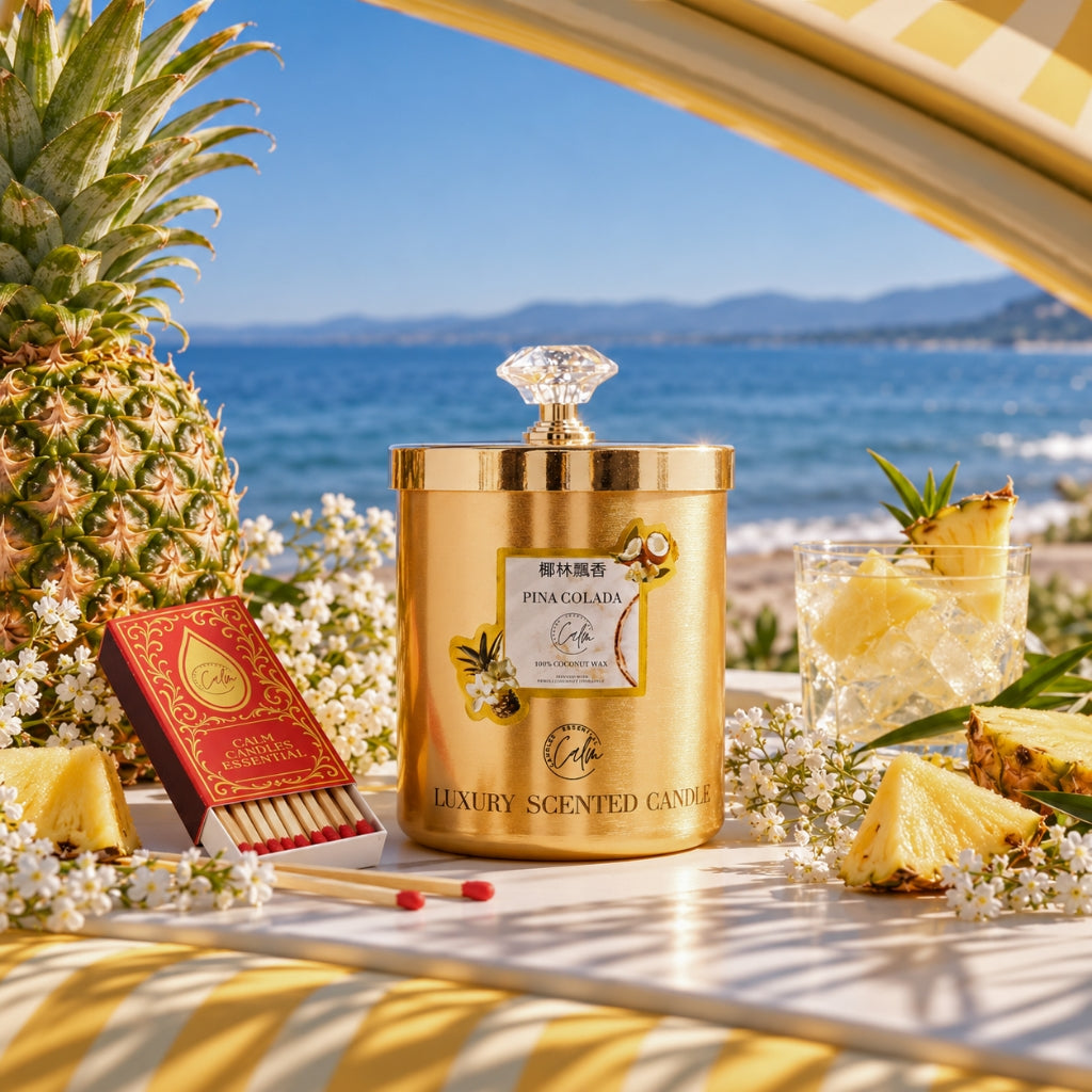 Piña Colada Gold Metal Candle Collection | Made with Premium Coconut Wax & Cherry Wooden Wick Up to 60+ hours burn - Calm Candles Essential