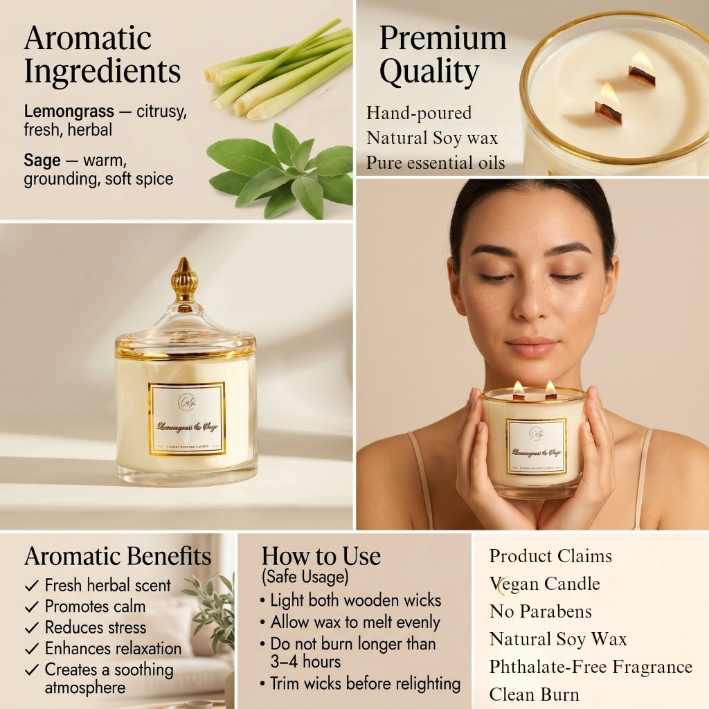 Calm Candles Essential - Lemongrass & Sage for Uplifting-Mood and Stress Relief Wooden Wicks Candle. | Luxury Vegan Scented Soy Wax Jar Candle | Highly Scented Long Lasting (15 Oz/445ml- X Large)