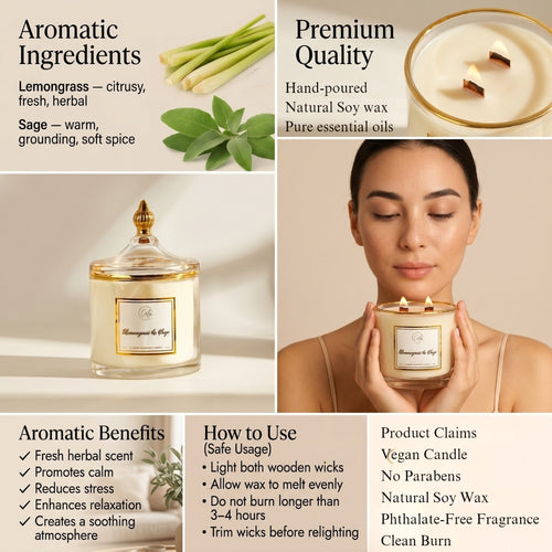 Calm Candles Essential - Lemongrass & Sage for Uplifting-Mood and Stress Relief Wooden Wicks Candle. | Luxury Vegan Scented Soy Wax Jar Candle | Highly Scented Long Lasting (15 Oz/445ml- X Large)
