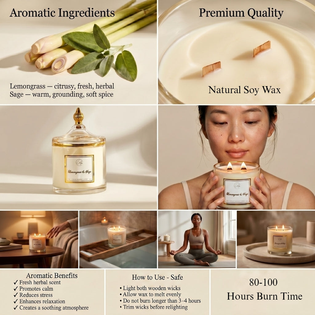 Calm Candles Essential - Lemongrass & Sage for Uplifting-Mood and Stress Relief Wooden Wicks Candle. | Luxury Vegan Scented Soy Wax Jar Candle | Highly Scented Long Lasting (15 Oz/445ml- X Large)
